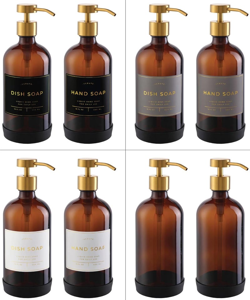 Verute Hand and Dish Soap Dispenser for Kitchen and Bathroom, Set of 2 16 Oz Glass Bottles, Stainless Steel Pumps, Non-Slip Silicone Base, 27 Waterproof Labels (Amber Bottle/Brushed Gold Pump) - Image 5